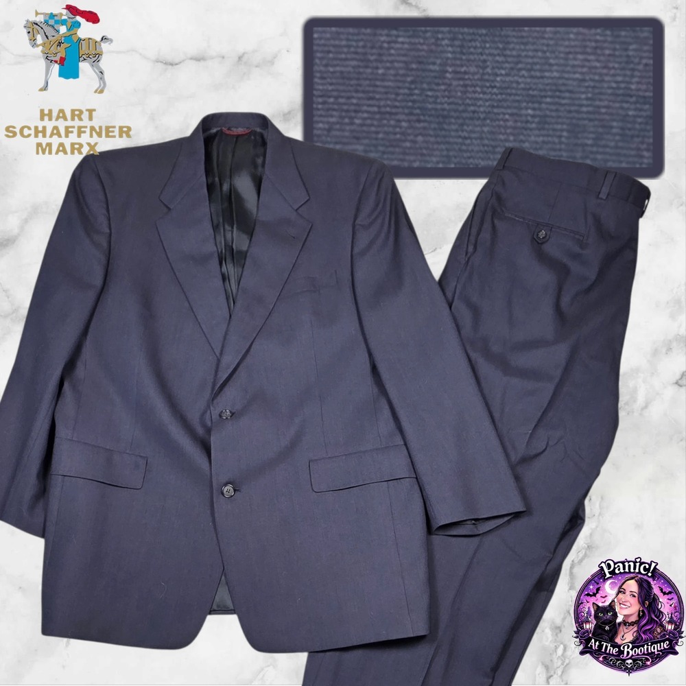 Vtg Hart Schaffner & Marx Folkes Mens 44L Suit Navy‎ Wool USA Union Made Wedding